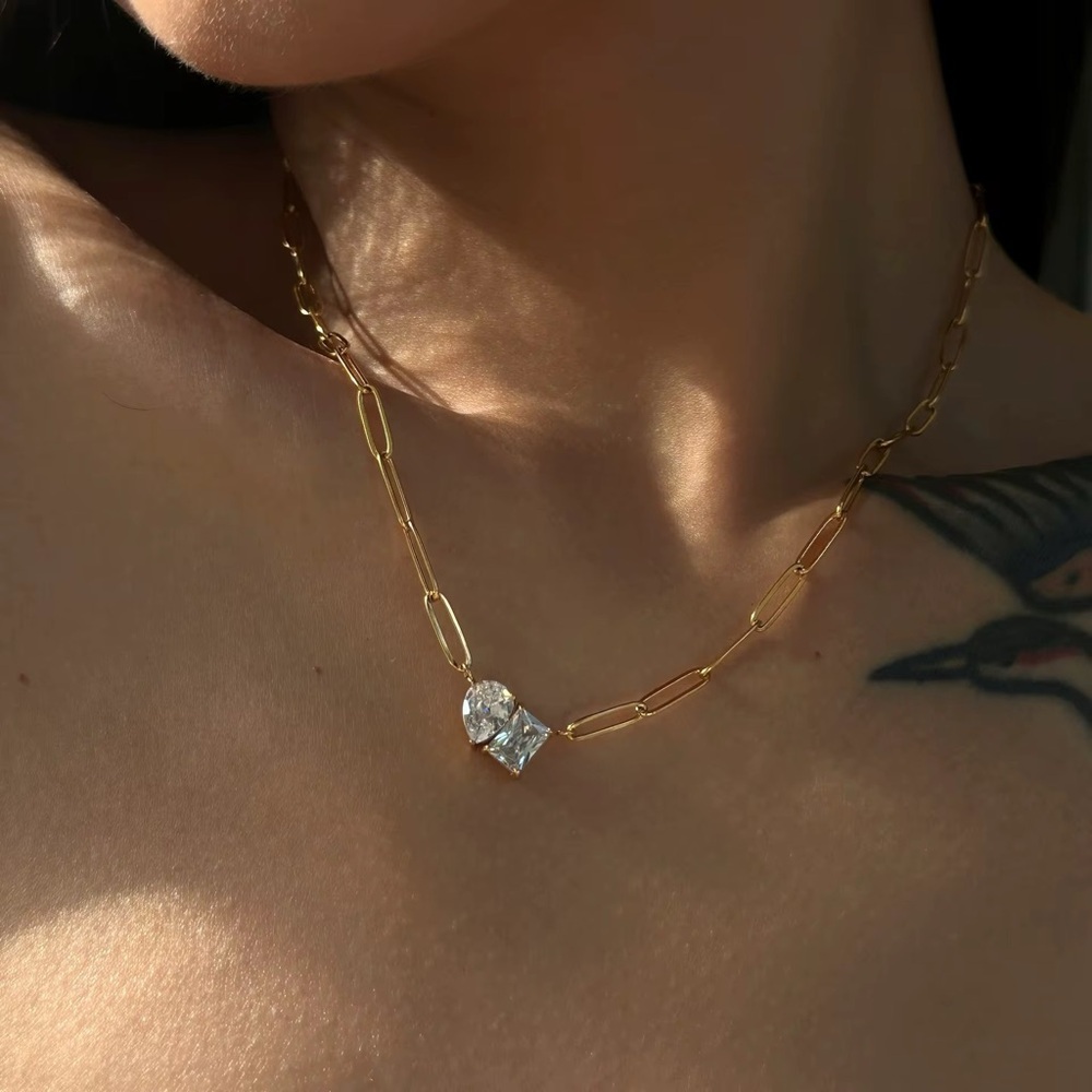 18K Gold Plated Heart and Square Cubic Zirconia Necklace